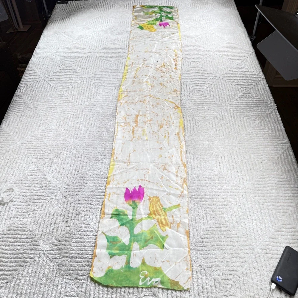 Eva Silk Scarf Bird Flower Batik Naturecore Art Art Deco Cottagecore Boho VTG